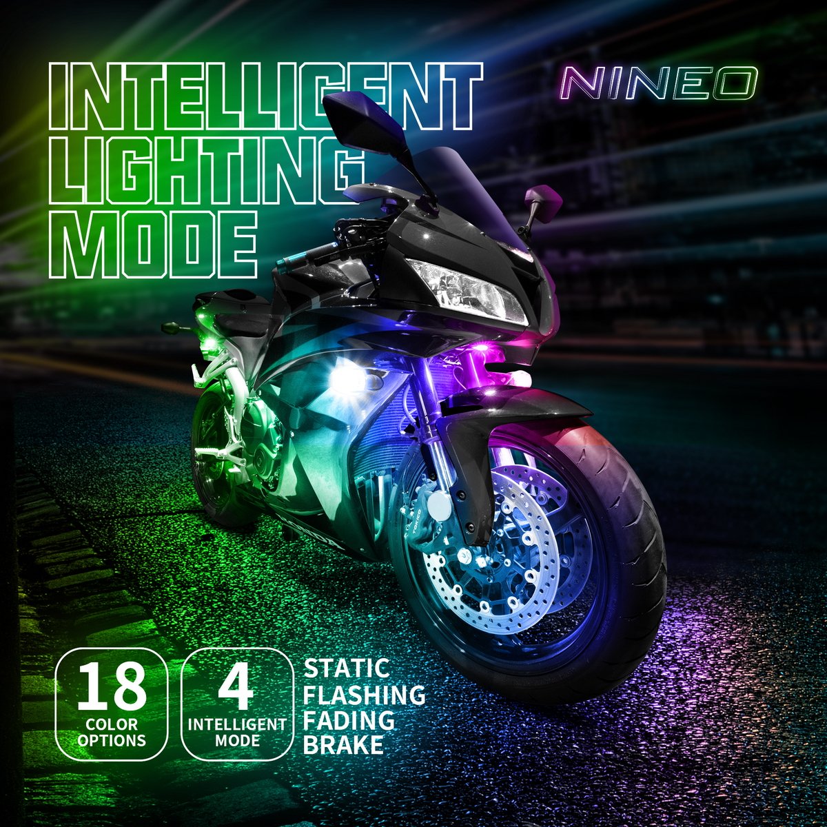 NINEO red brake mode activated on motorcycle rear improving braking noticeability