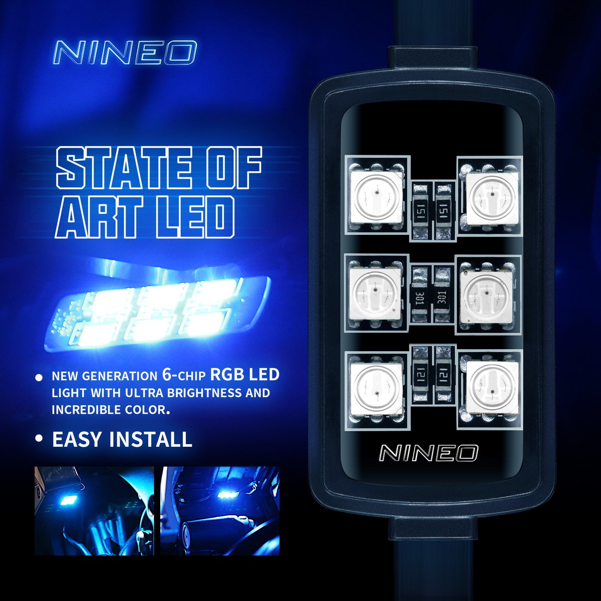 NINEO close-up LED pod detail highlighting durable lens and adhesive backing