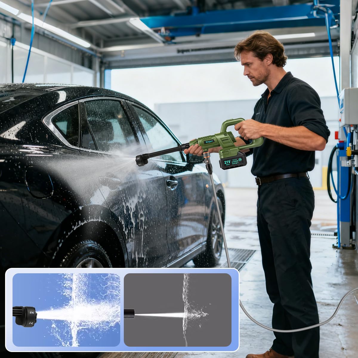 ninjori pressure washer in use on a car demonstrating effective foam and rinse