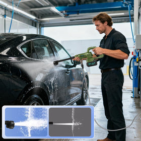 ninjori pressure washer in use on a car demonstrating effective foam and rinse