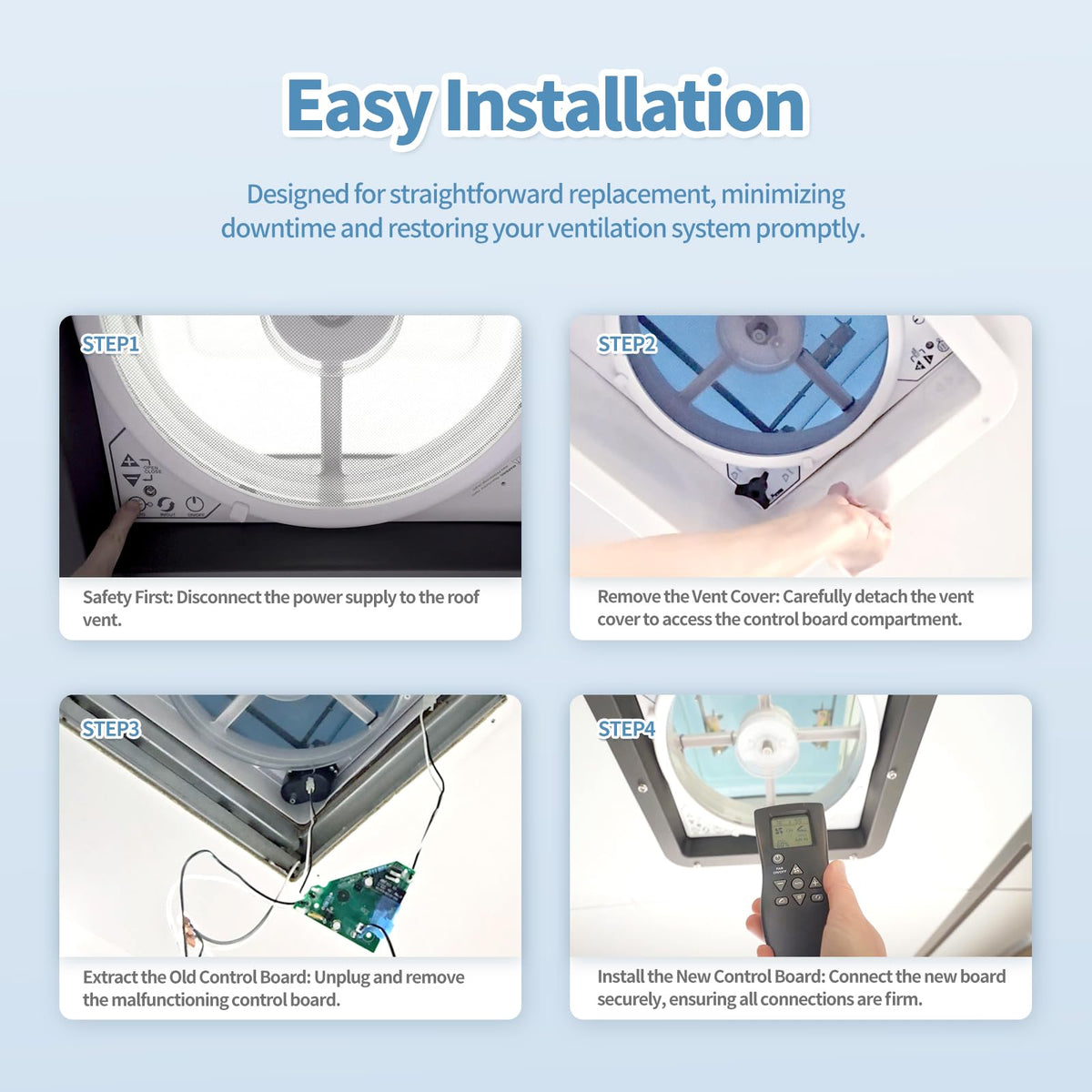NIPPEMI board installed in MaxxAir vent demonstrating restored fan and lift function