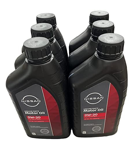 NISSAN front packaging of 0W-20 oil showing label and easy-pour spout for accurate fills
