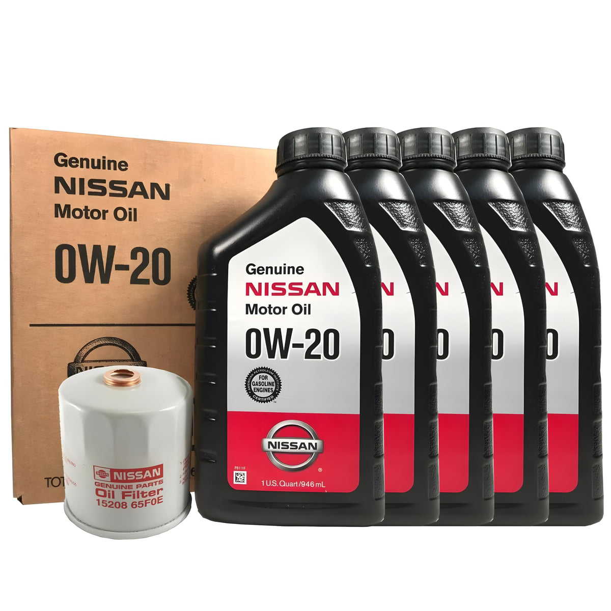 NISSAN 0W-20 kit front packaging showing oil bottles and filter, ensuring correct OEM parts