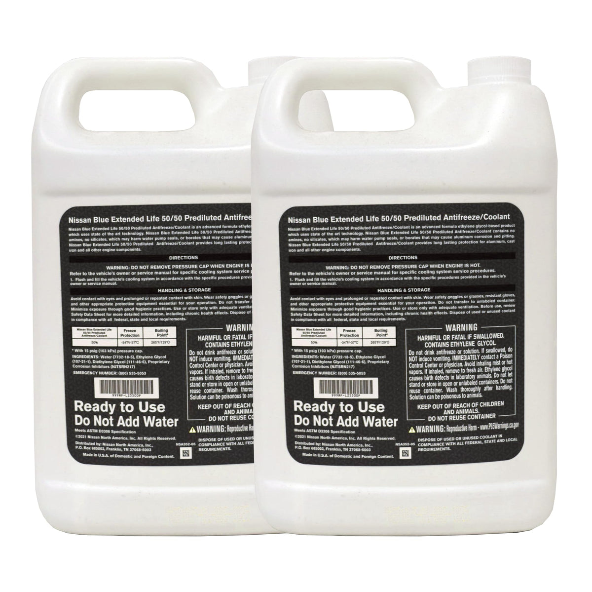 Nissan coolant close-up label highlighting blue long life formula and service specs
