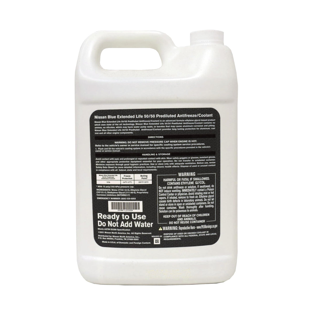 Nissan coolant size comparison next to measuring jug showing 2-gallon supply convenience