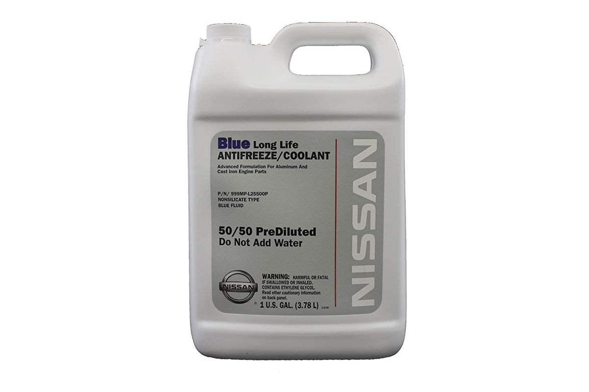 NISSAN genuine antifreeze front packaging showing one-gallon jug and clear label, ensuring correct choice