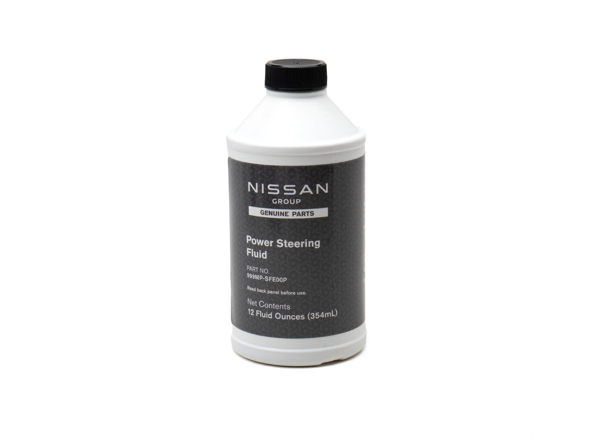 Nissan power steering fluid bottle front label showing OEM quality and protects steering components