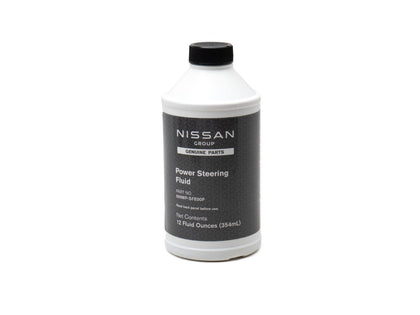 Nissan power steering fluid bottle front label showing OEM quality and protects steering components