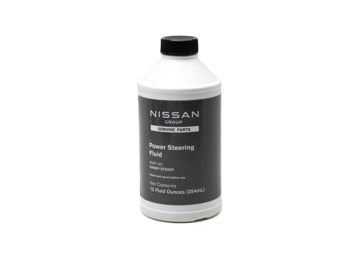 Nissan power steering fluid bottle front label showing OEM quality and protects steering components