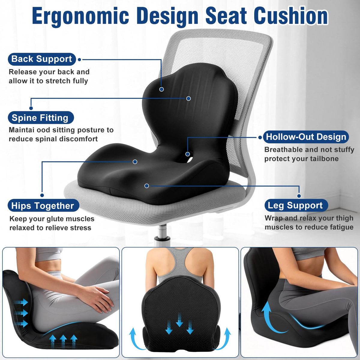 Nisuez cushion installed in a car seat illustrating portability and secure fit for drivers
