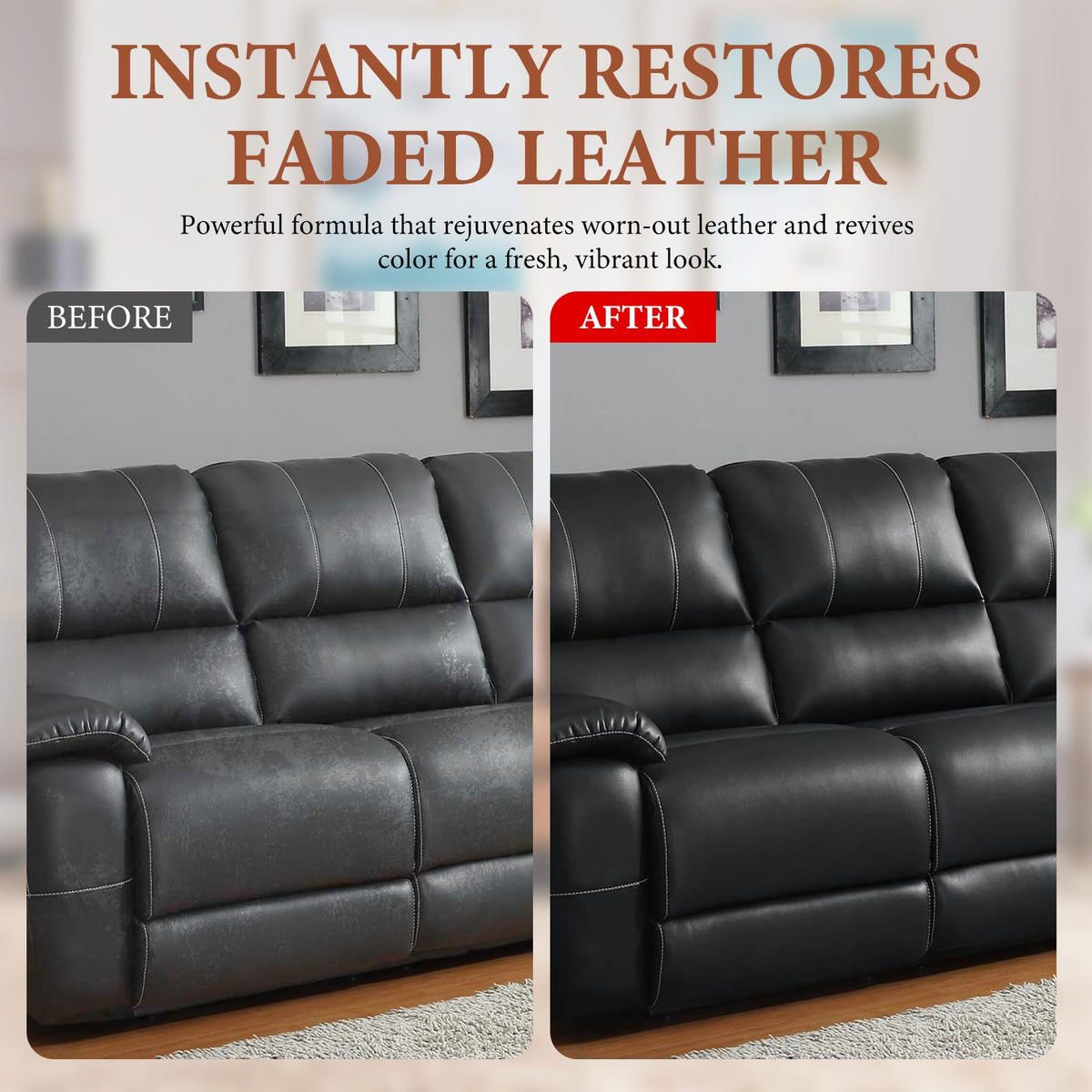 NIUB being applied to a leather sofa restoring color and hiding scratches benefit