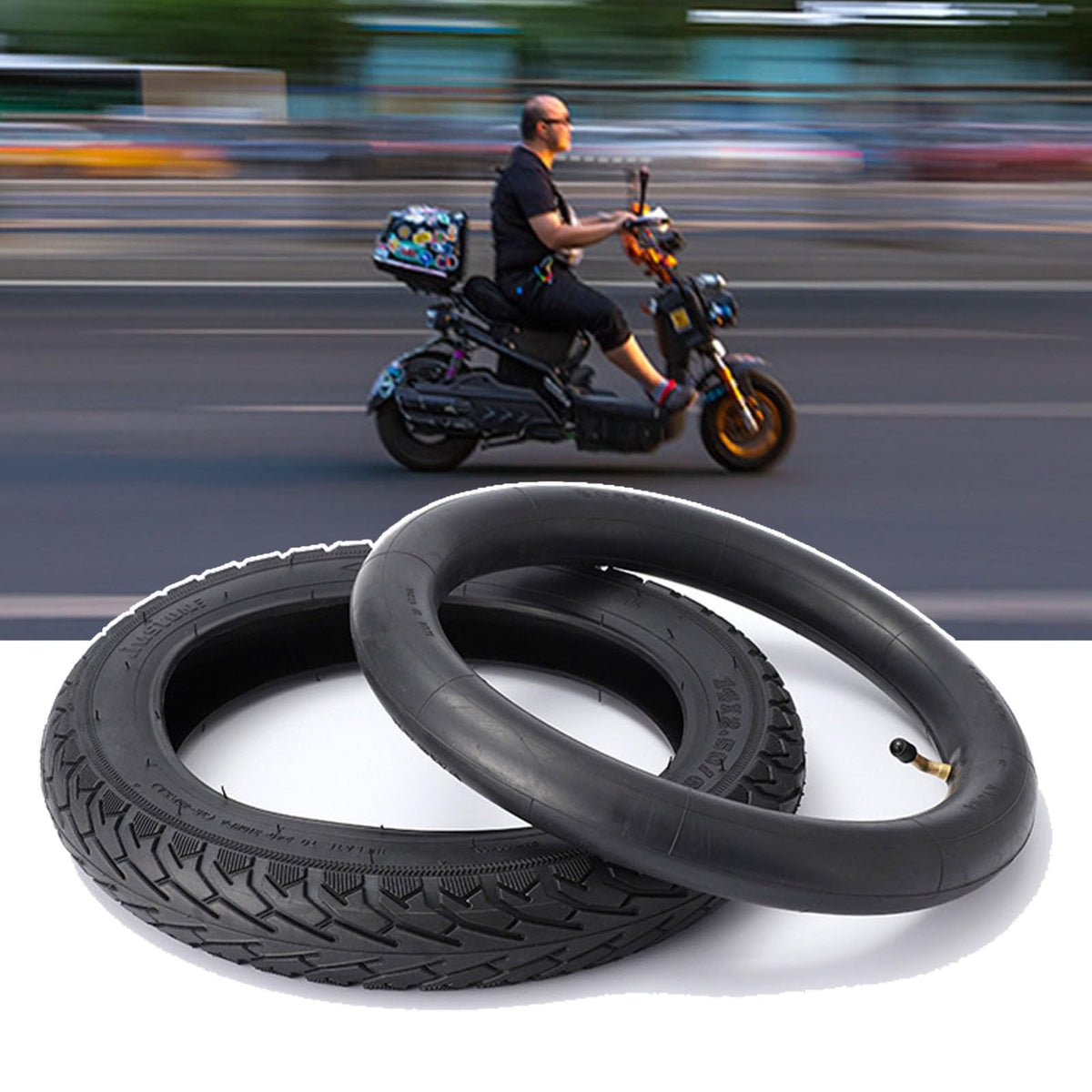 NiuJKun front view of 14x2.50 tire showing full profile and improved grip benefits
