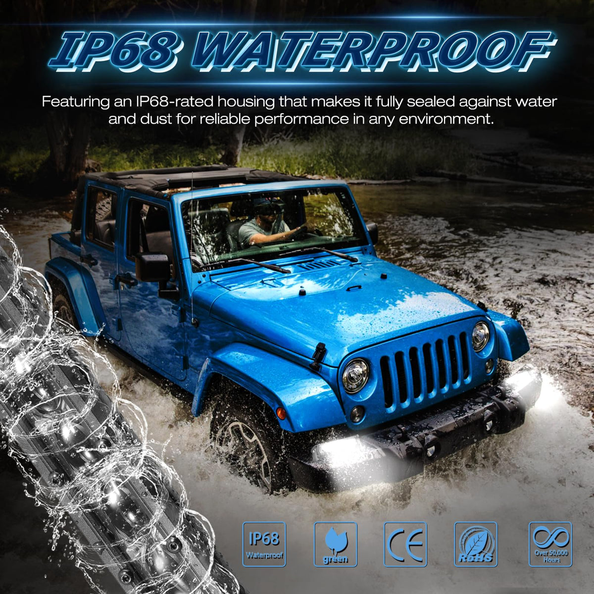 NIWAKER light bar splashing water to show IP68 waterproof protection benefit