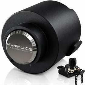 NiwNiw front view of heavy-duty 2-5/16" hitch lock showing robust body and fit — added theft protection