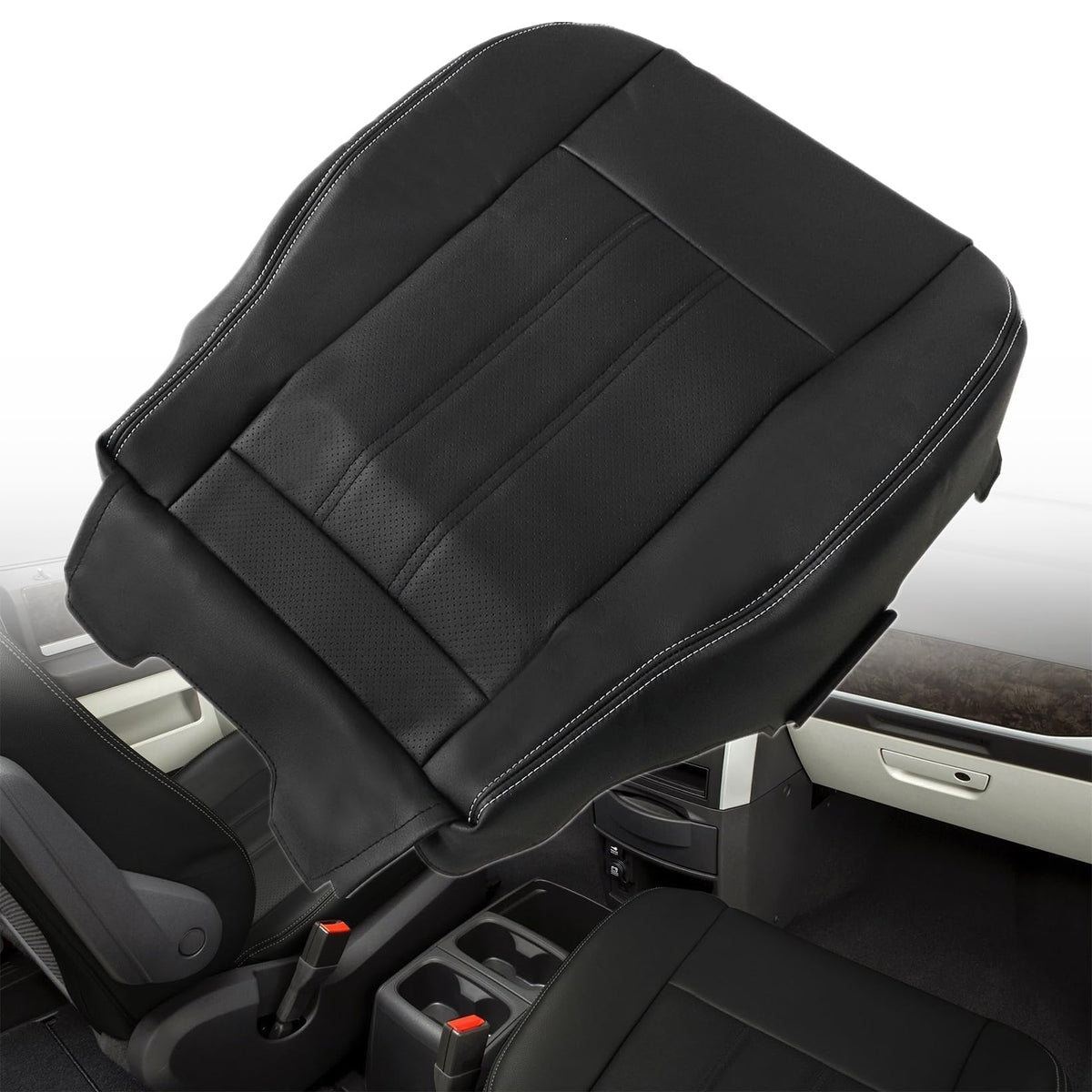 NLQR packaged seat cover ready to install, shows organized components and benefit of easy replacement