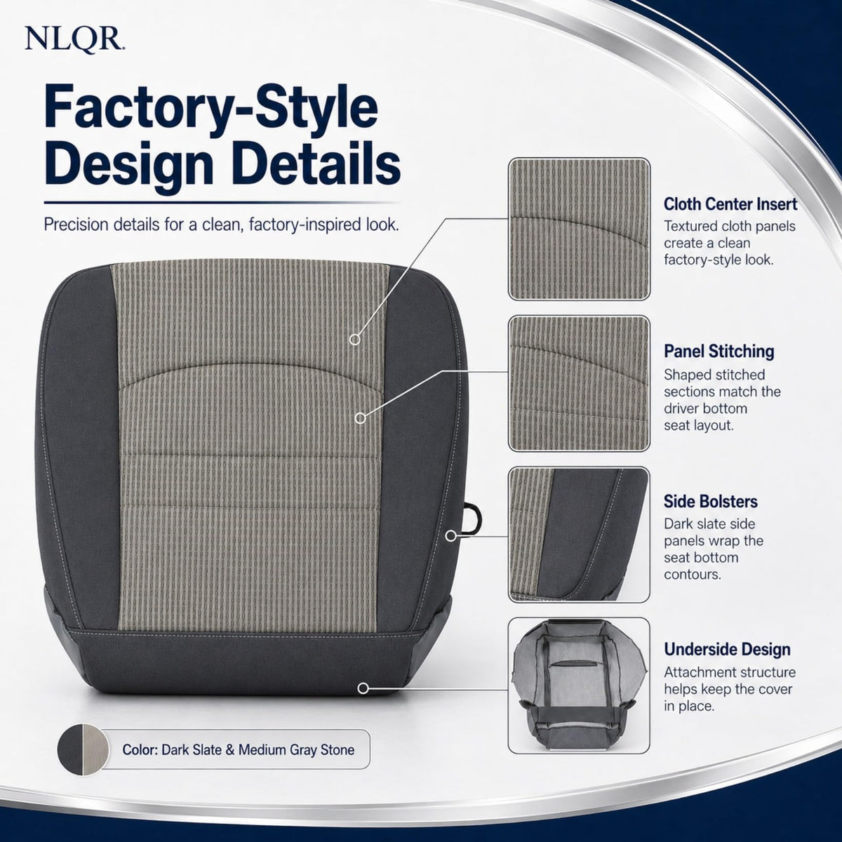 NLQR seat edge stitching and clip details for secure professional fit