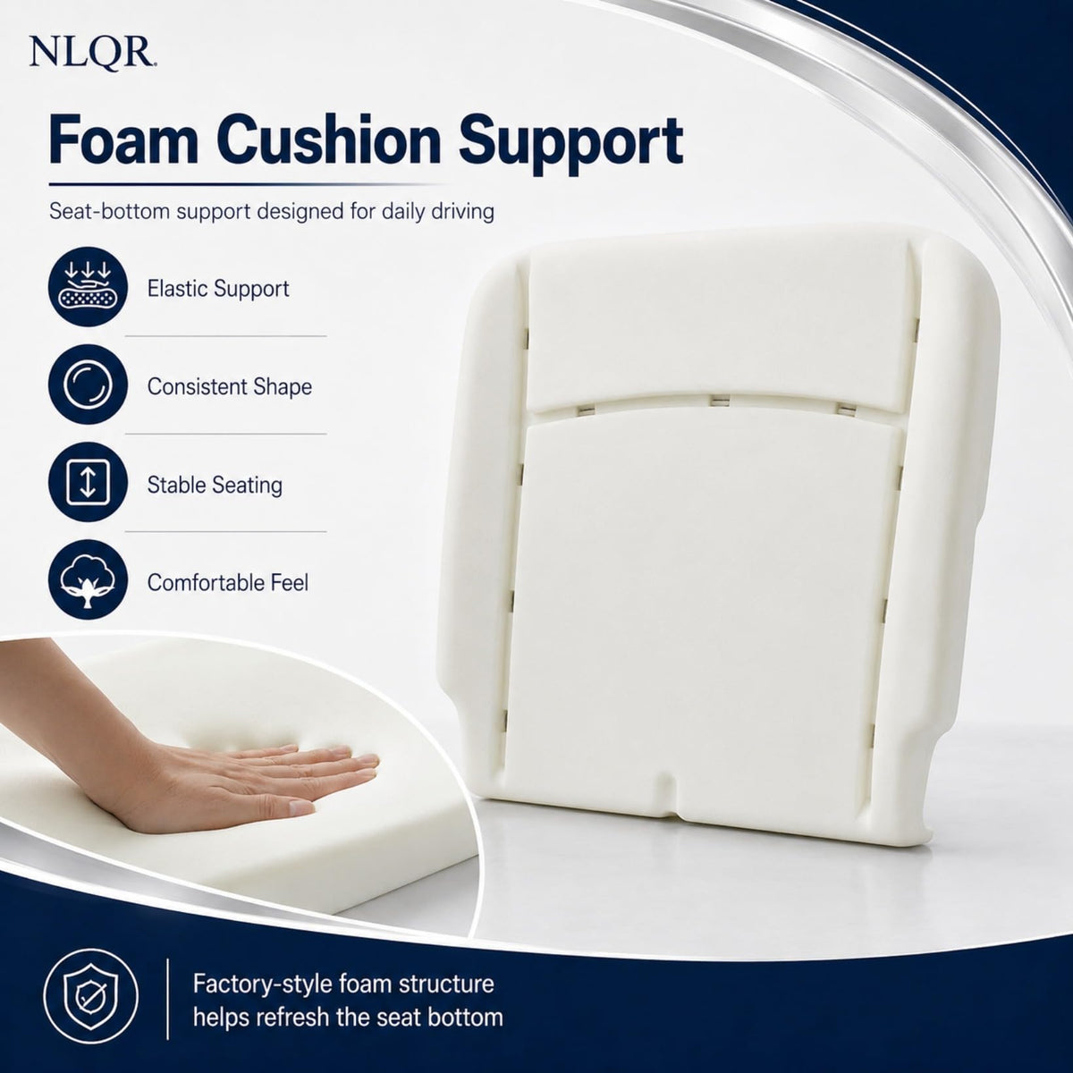 NLQR seat cushion next to ruler and hand to show accurate scale