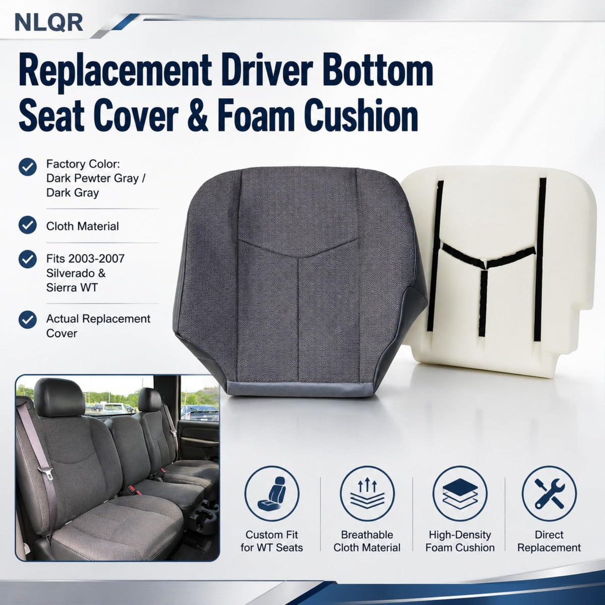 NLQR bottom seat cover next to ruler showing accurate size fit