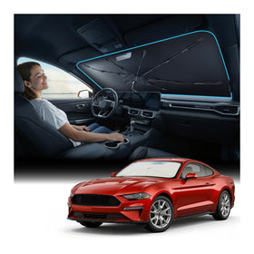 Nmoiss front view showing sunshade fit on Mustang windshield protects dashboard