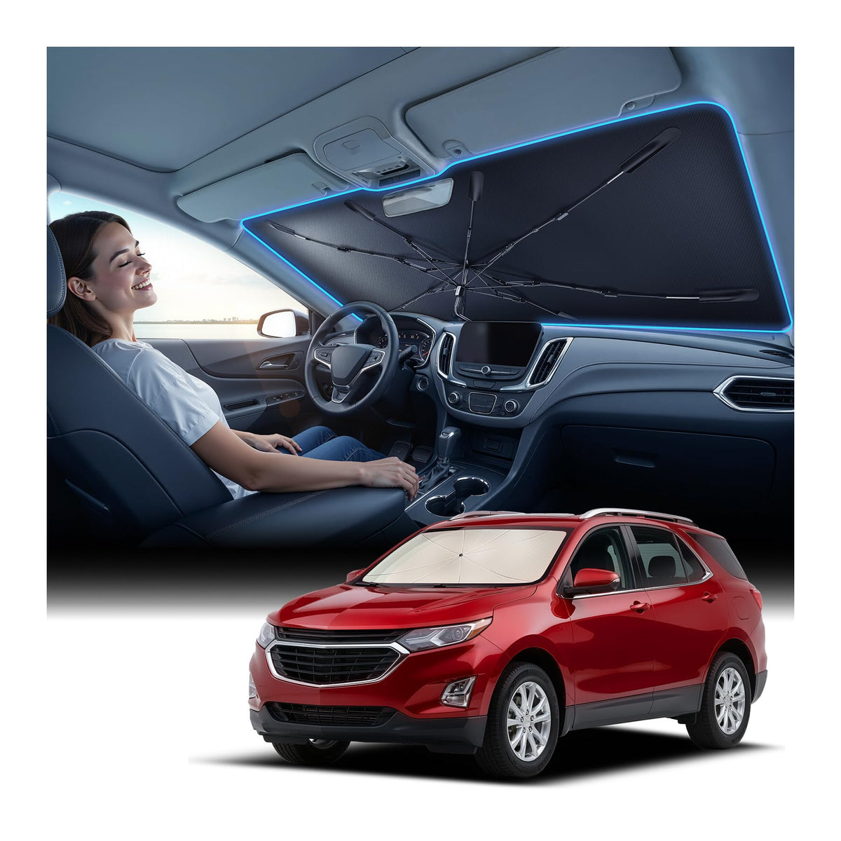 Nmoiss front view on Equinox windshield showing full coverage and cooling benefit