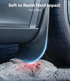 Nmoiss installed mud flap on Model Y front wheel showing clean protection benefit