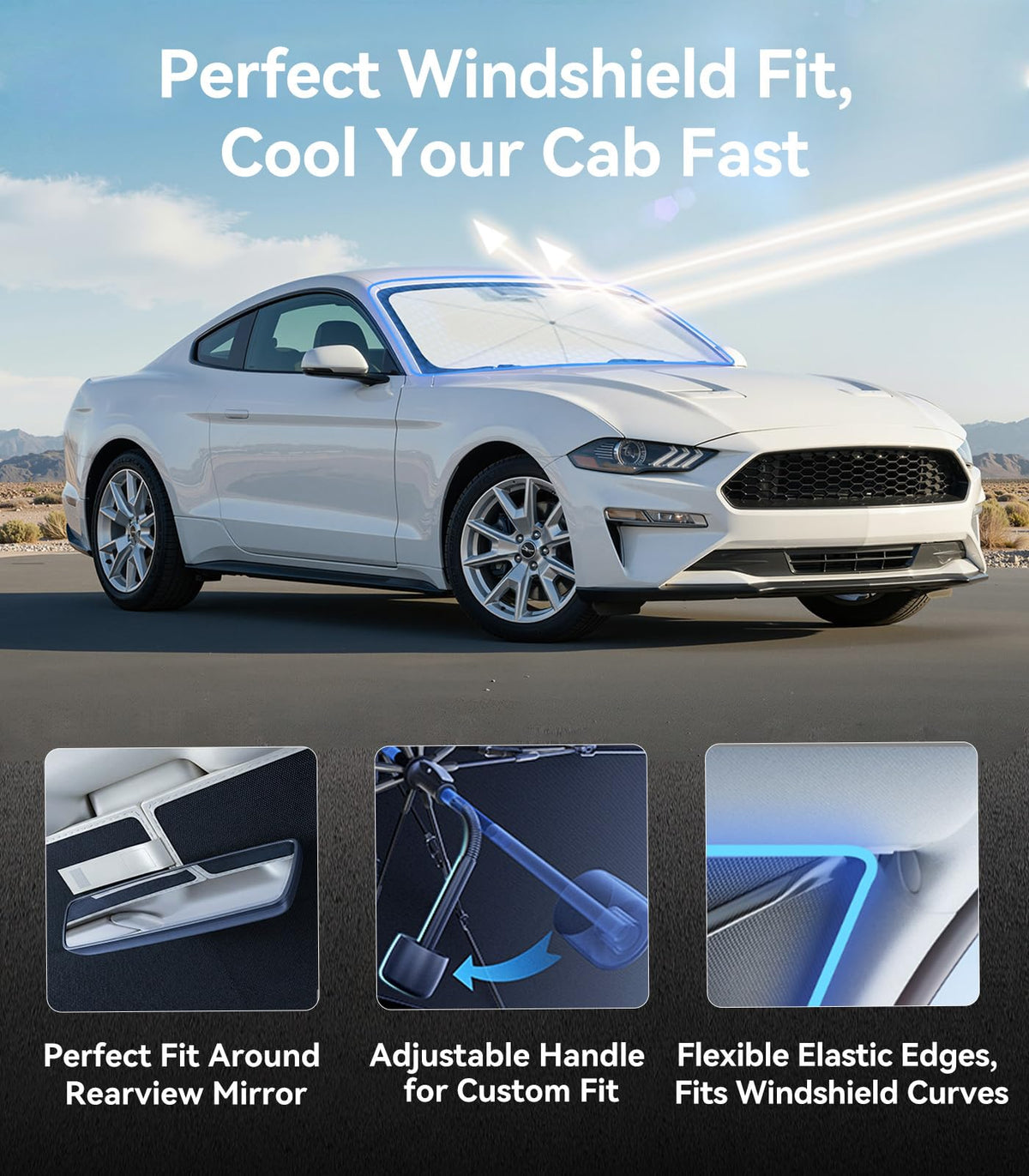 Nmoiss lifestyle shot of parked Mustang with shade protecting interior