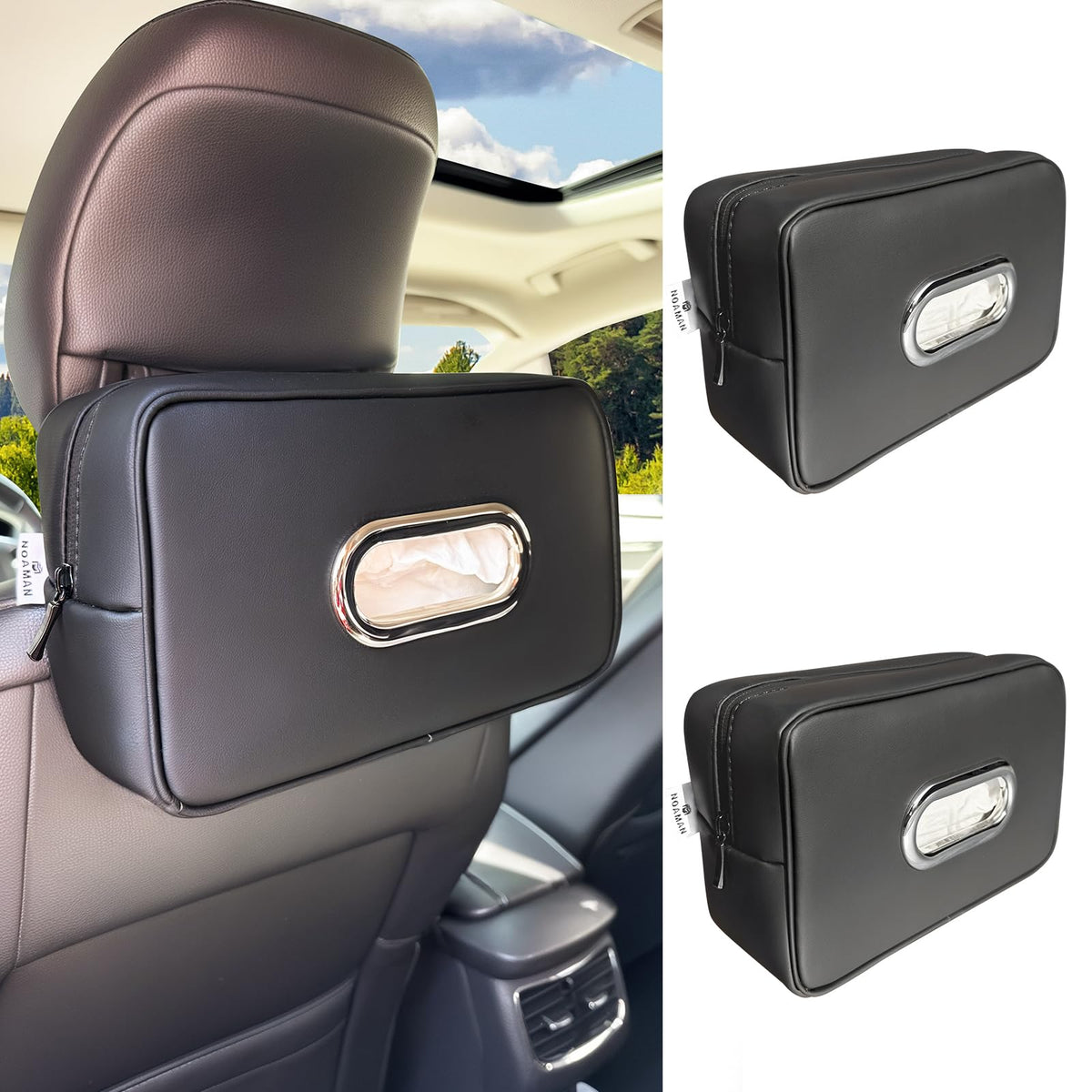 Noaman front view of black tissue holder showing neat, organized storage and easy access