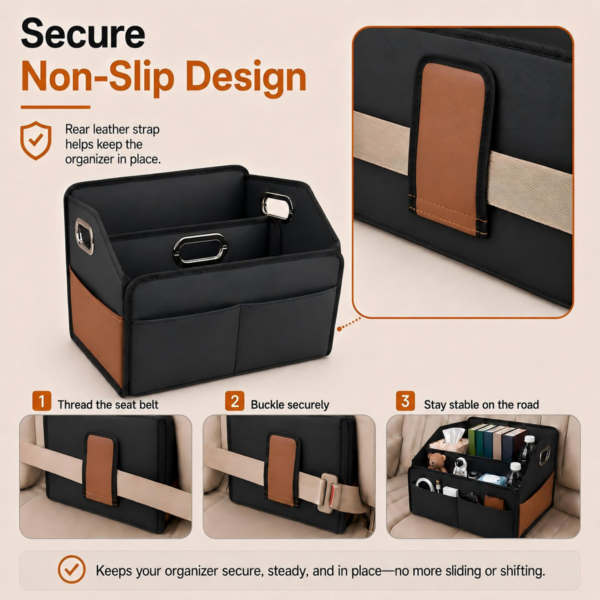 Noaman side pocket detail with items showing organized access