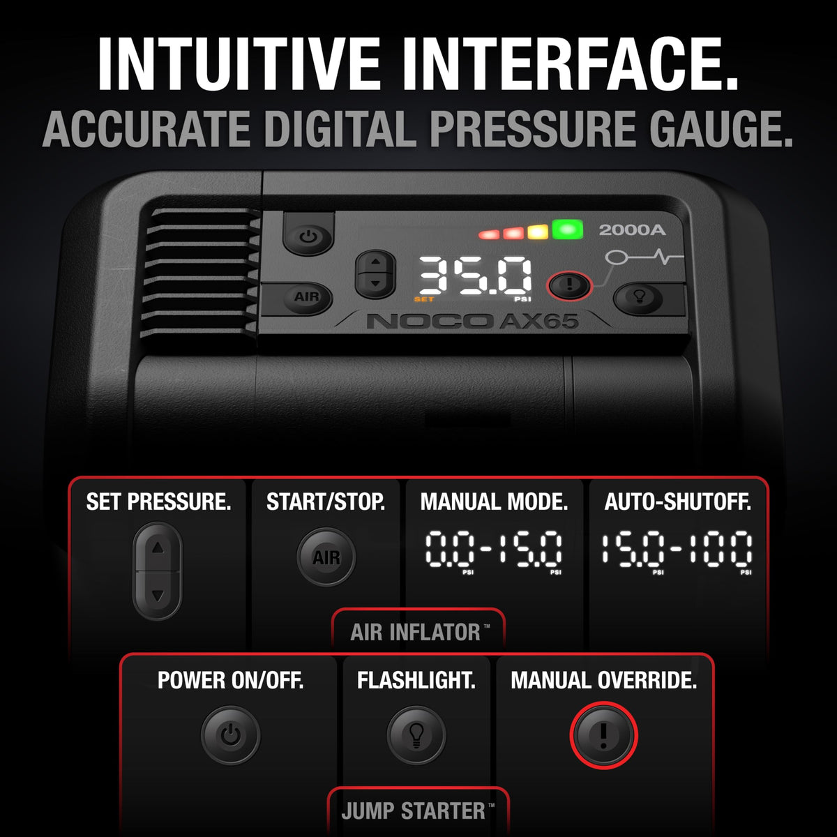 NOCO AX65 inflating a vehicle tire quickly with automatic shut-off