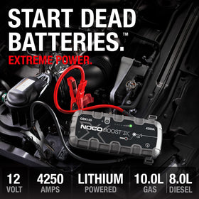 NOCO Boost X GBX155 clamps and ports detail highlighting UltraSafe 2.0 protection for secure use