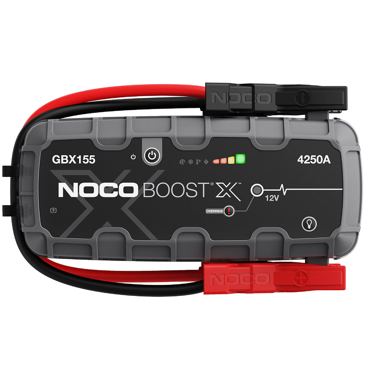 NOCO Boost X GBX155 front view showing compact design and rugged housing for reliable starts