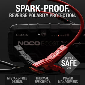 NOCO Boost X GBX155 connected to a truck battery demonstrating fast, powerful jump starts