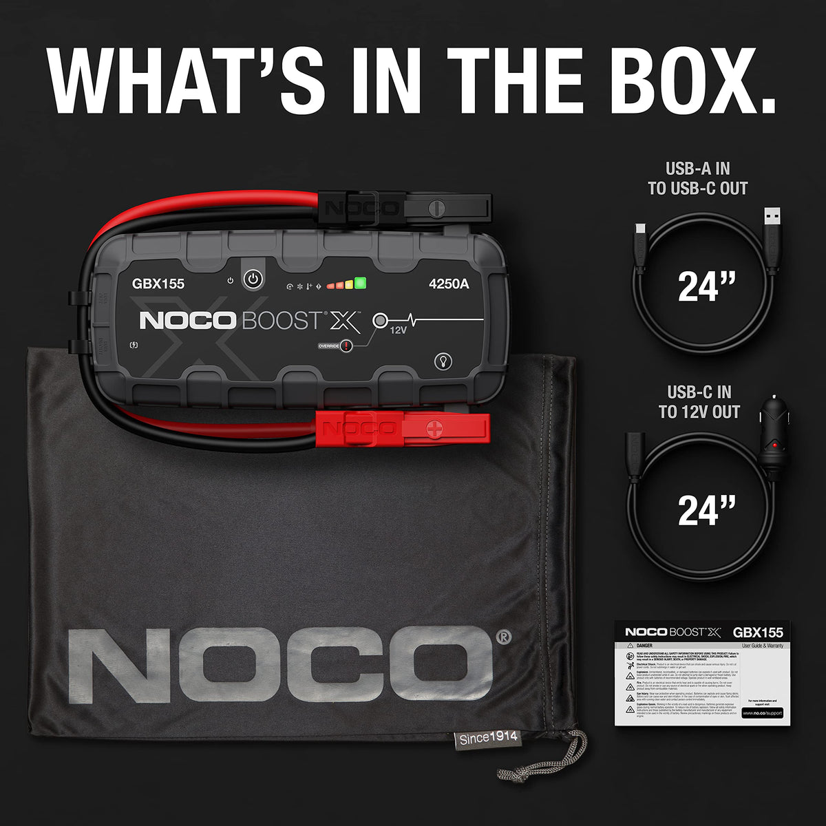 NOCO Boost X GBX155 with clamps cable and bag showing included accessories and ready-to-use kit