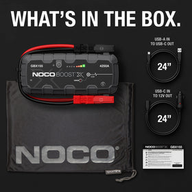 NOCO Boost X GBX155 with clamps cable and bag showing included accessories and ready-to-use kit