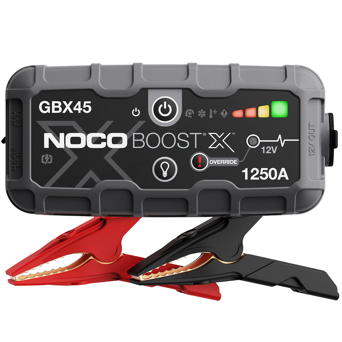 NOCO Boost X GBX45 front view showing compact jump starter and branding for reliable starts