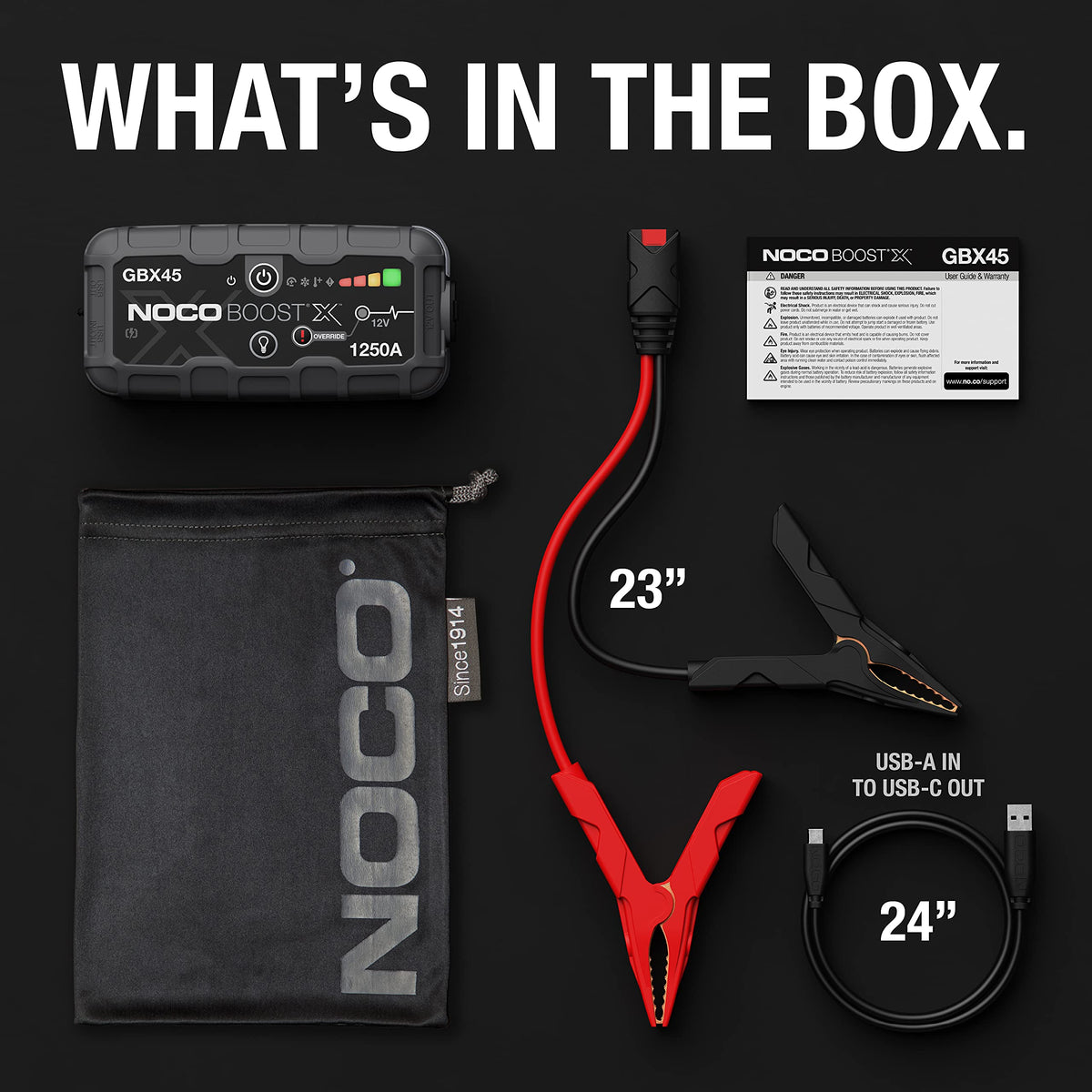 NOCO Boost X GBX45 included clamps cable and microfiber bag arranged for travel convenience