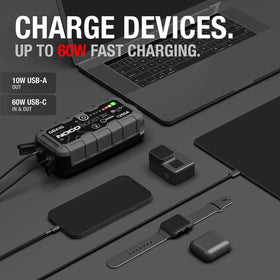 NOCO Boost X GBX45 connected to a car battery during engine start showing powerful boost
