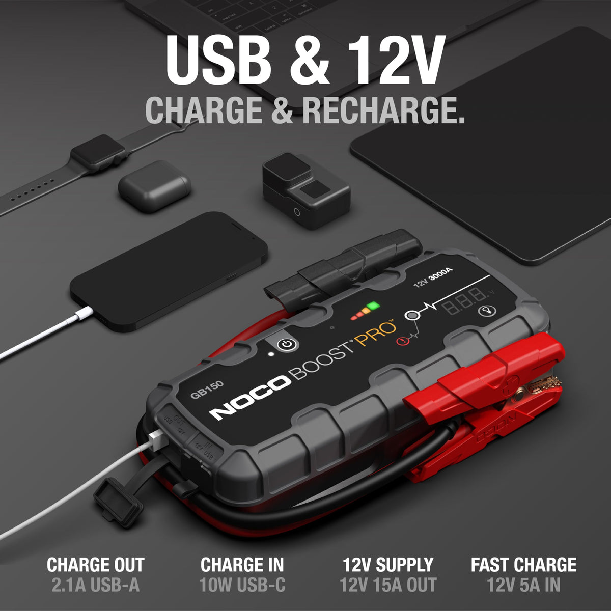 NOCO GB150 beside a microfiber storage bag to show compact size and easy storage benefit