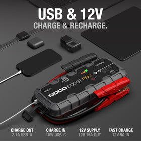 NOCO GB150 beside a microfiber storage bag to show compact size and easy storage benefit