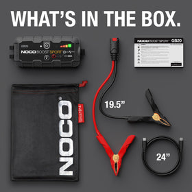 NOCO GB20 roadside scene powering a phone and jump-starting a car for emergency preparedness