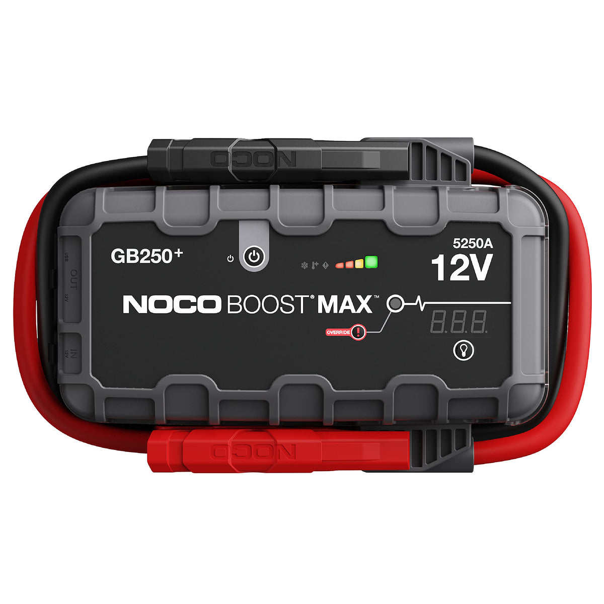 NOCO GB250 front view showing controls and rugged housing benefits quick access
