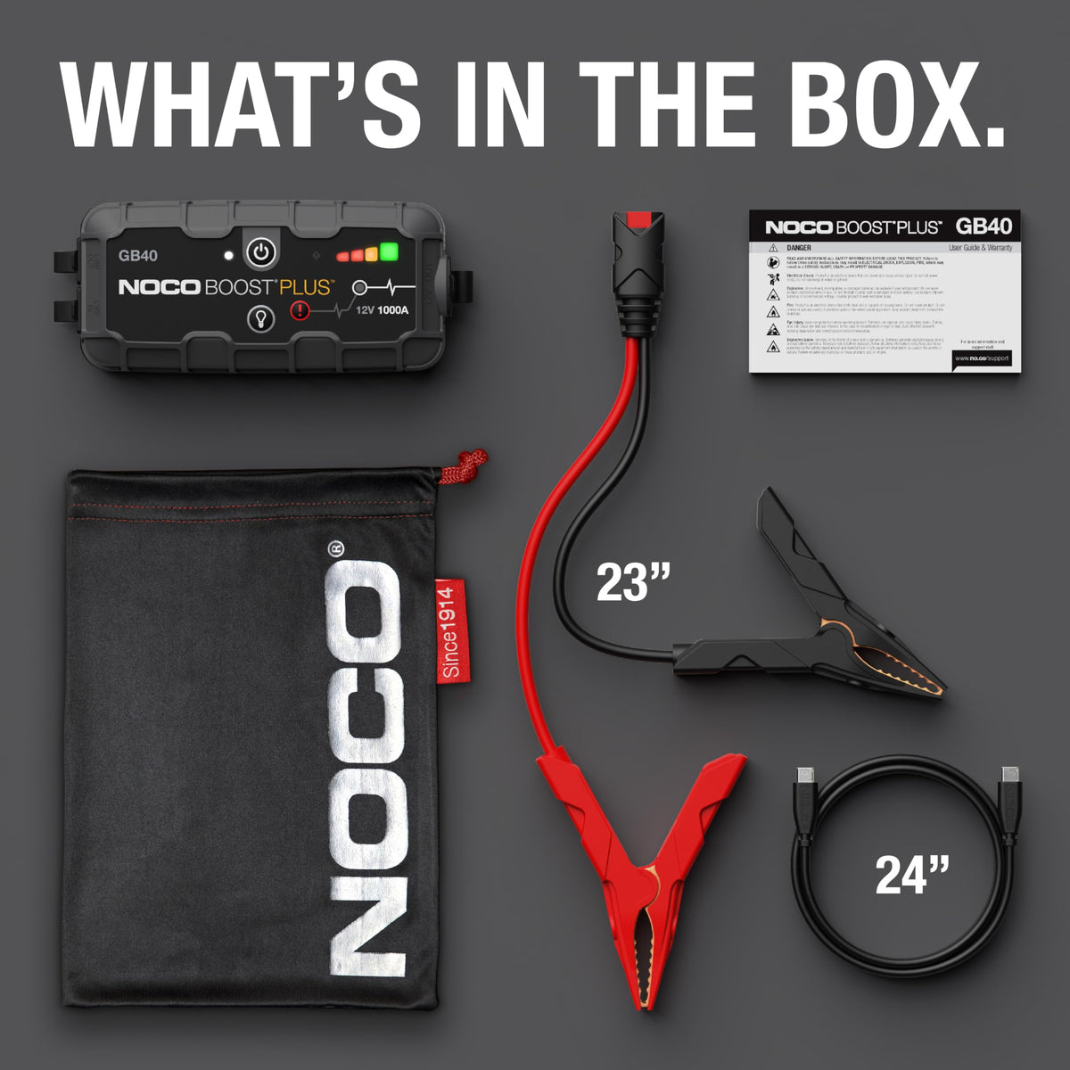 NOCO GB40 with included cables and bag showing complete kit benefit