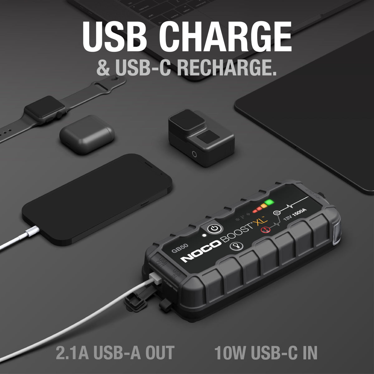 NOCO GB50 connected via USB-C charging a smartphone, emergency power available