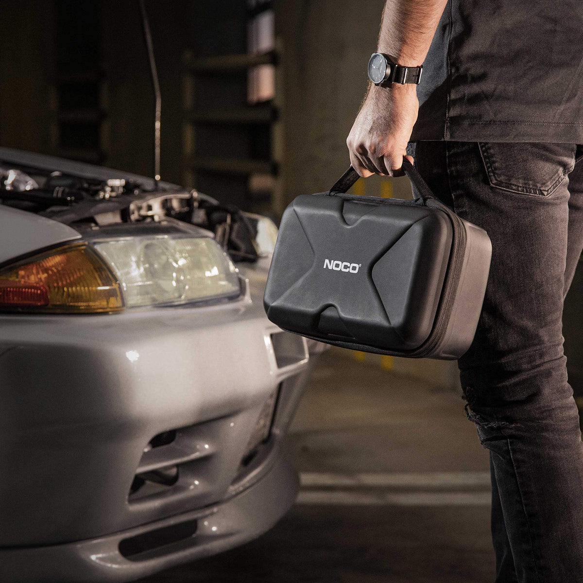 NOCO GB70 seated in custom internal pocket with accessories neatly organized