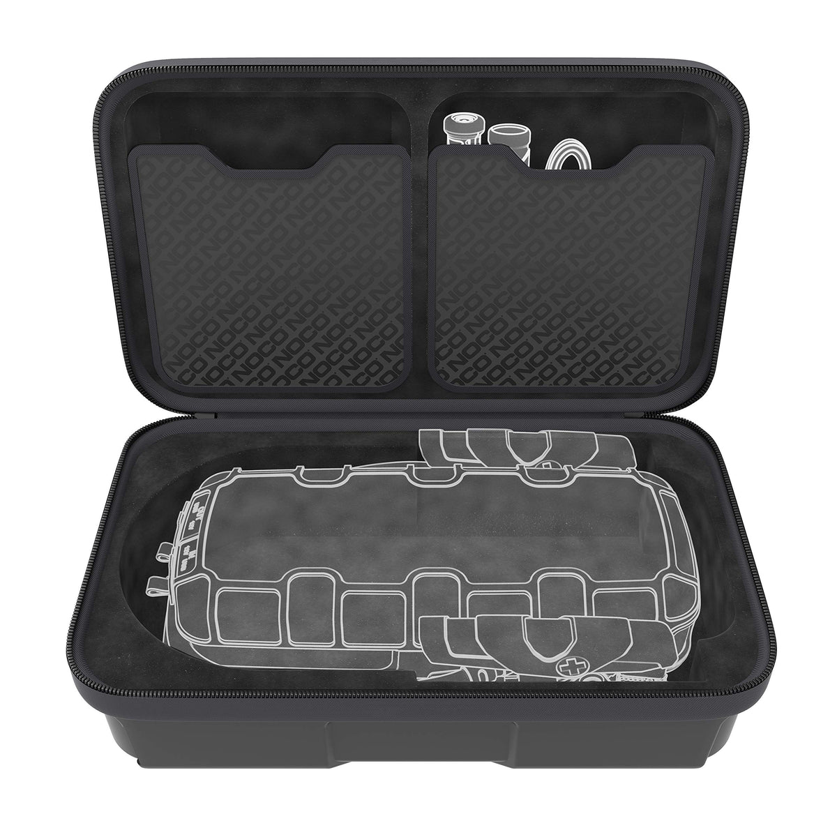 NOCO case open displaying GB150 and accessories organized securely
