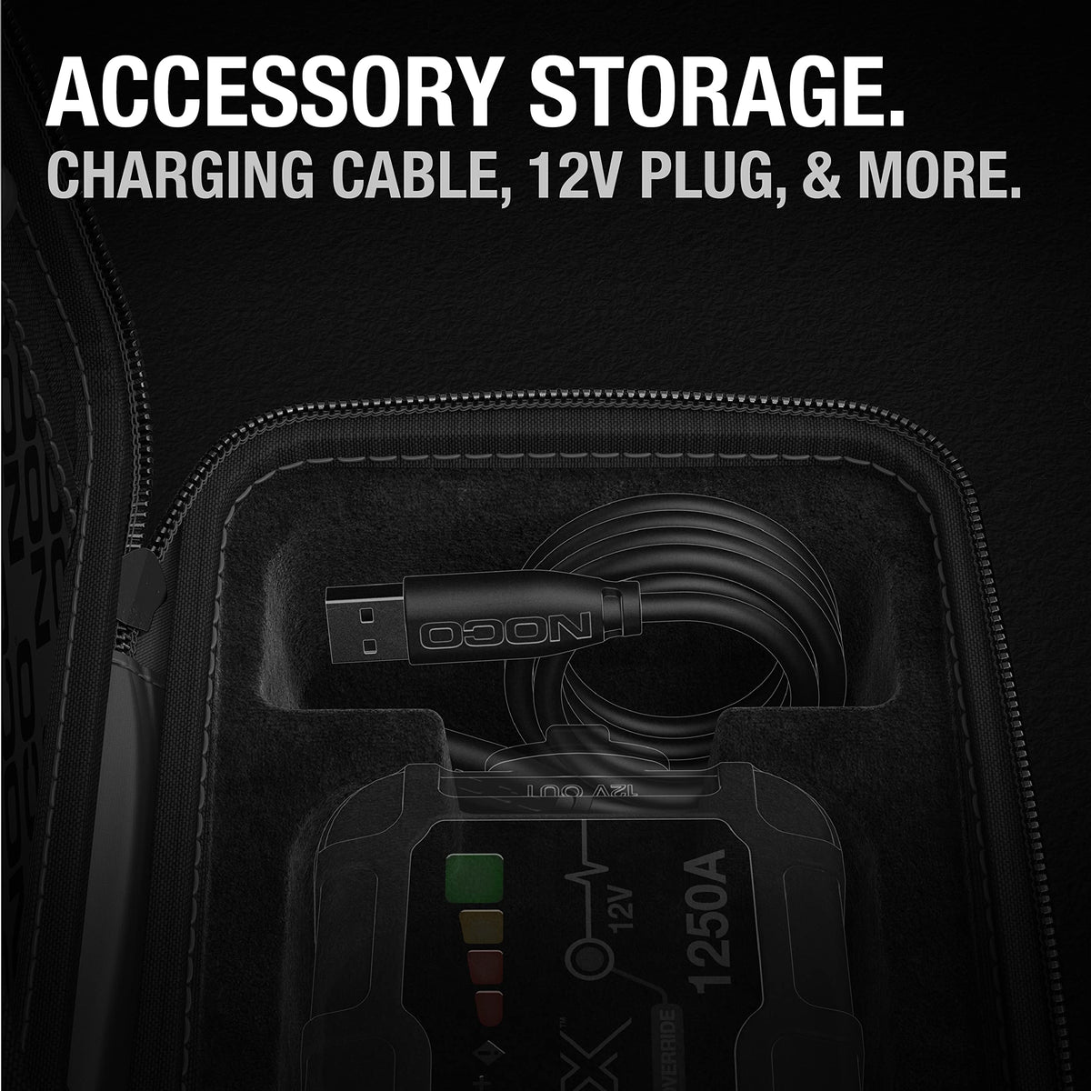 NOCO GBC101 accessory pocket with cables showing tidy cable storage