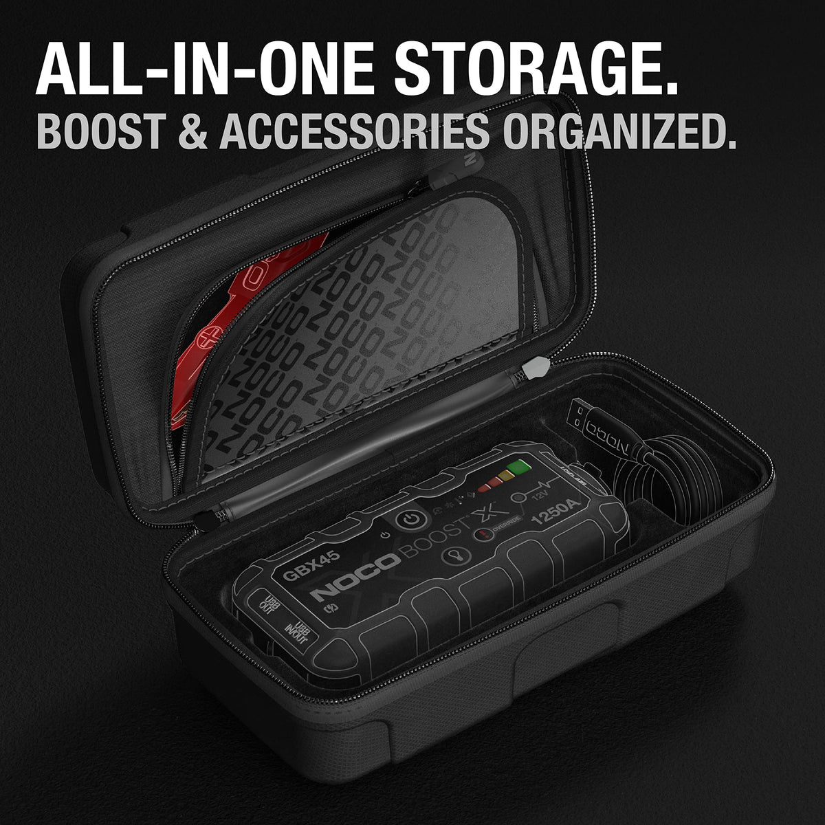 NOCO GBC101 open with GBX45 inside illustrating secure fit and organization