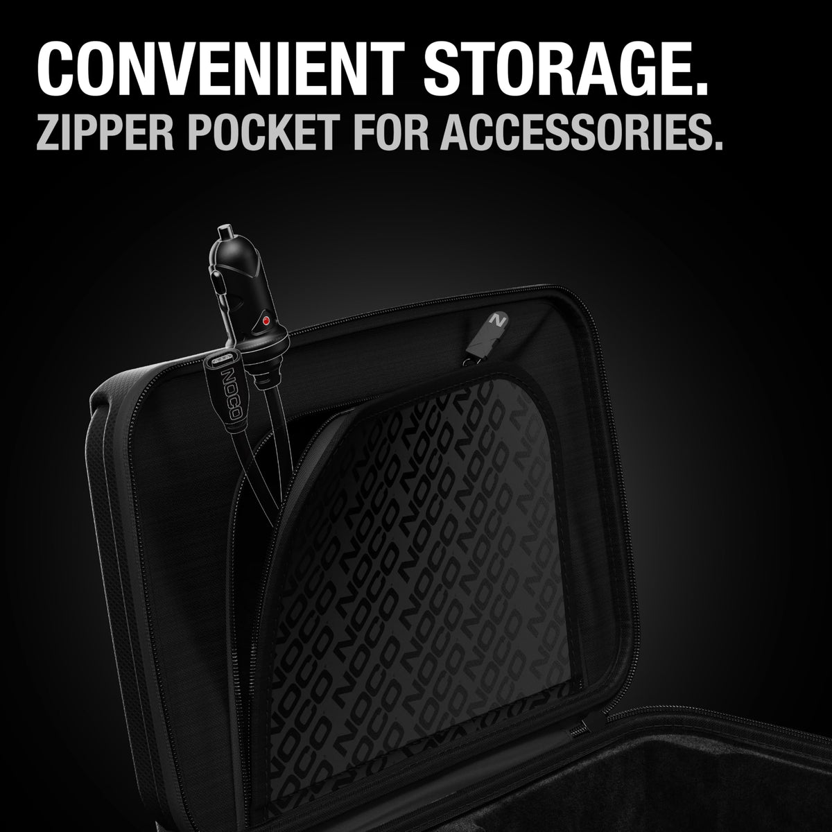 NOCO close-up of steel-rimmed zipper showing durable secure closure