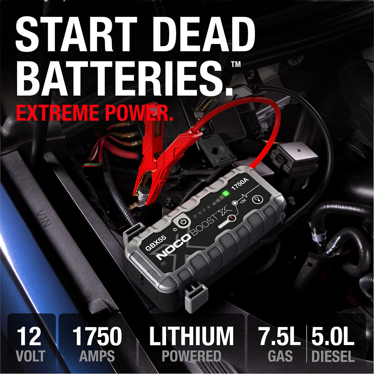 NOCO GBX55 heavy-duty clamps connected to battery terminals, ensures safe starts