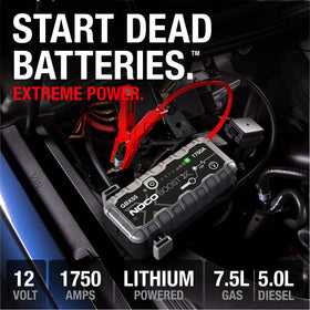 NOCO GBX55 heavy-duty clamps connected to battery terminals, ensures safe starts